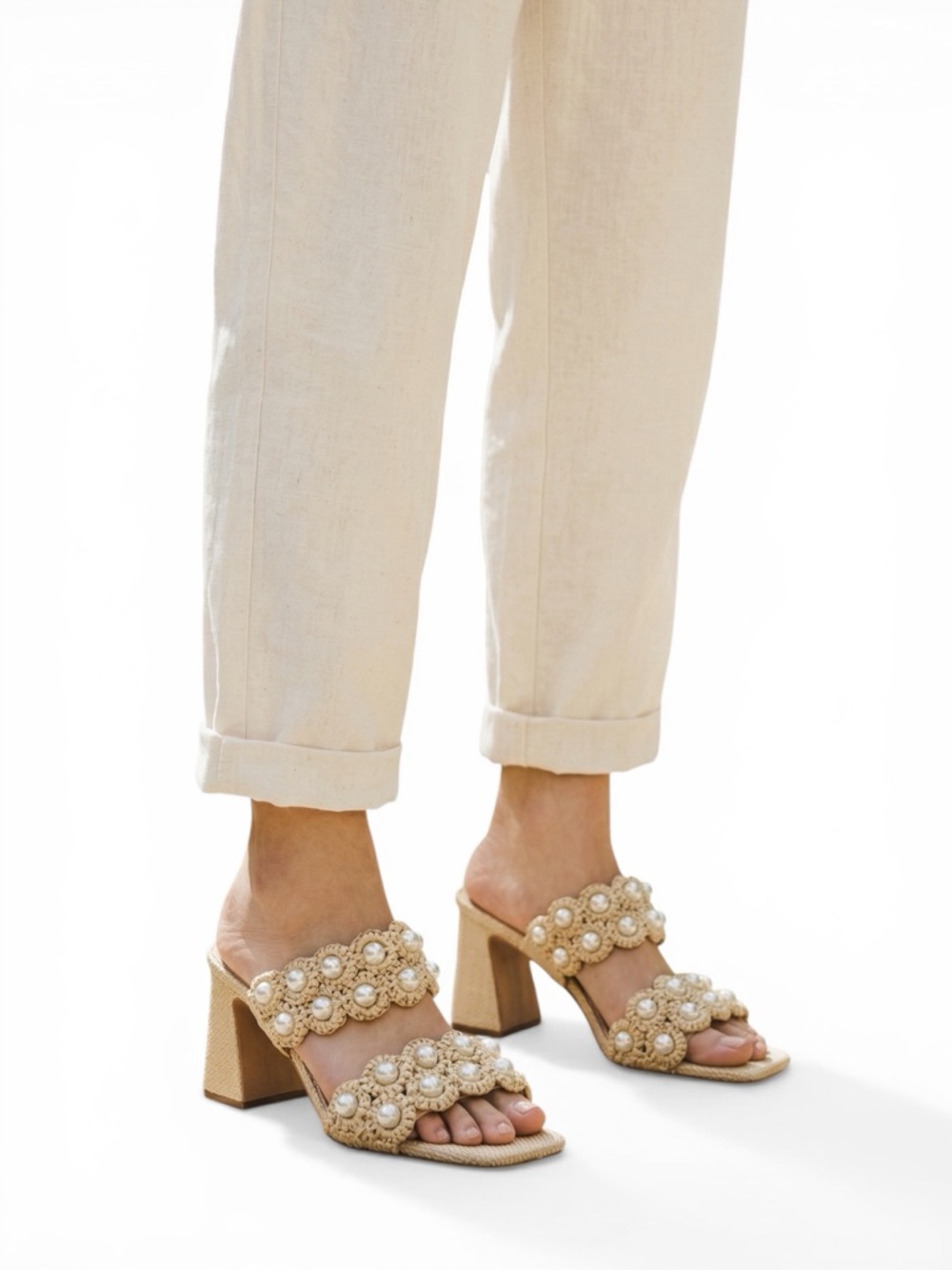 NWT Gianni Bini Raffia Pearl Heel NWT Sandals Beige Size 9